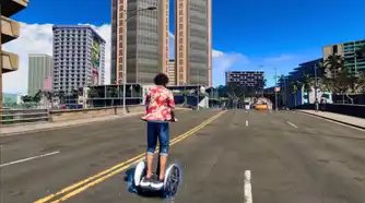 Ichiban Kasuga rides a Segway-like scooter in a screenshot from Like A Dragon: Infinite Wealth