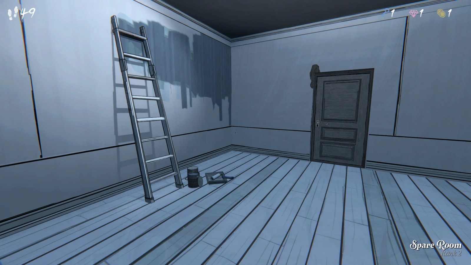 A room with a partially painted wall and painter's ladder in Blue Prince.