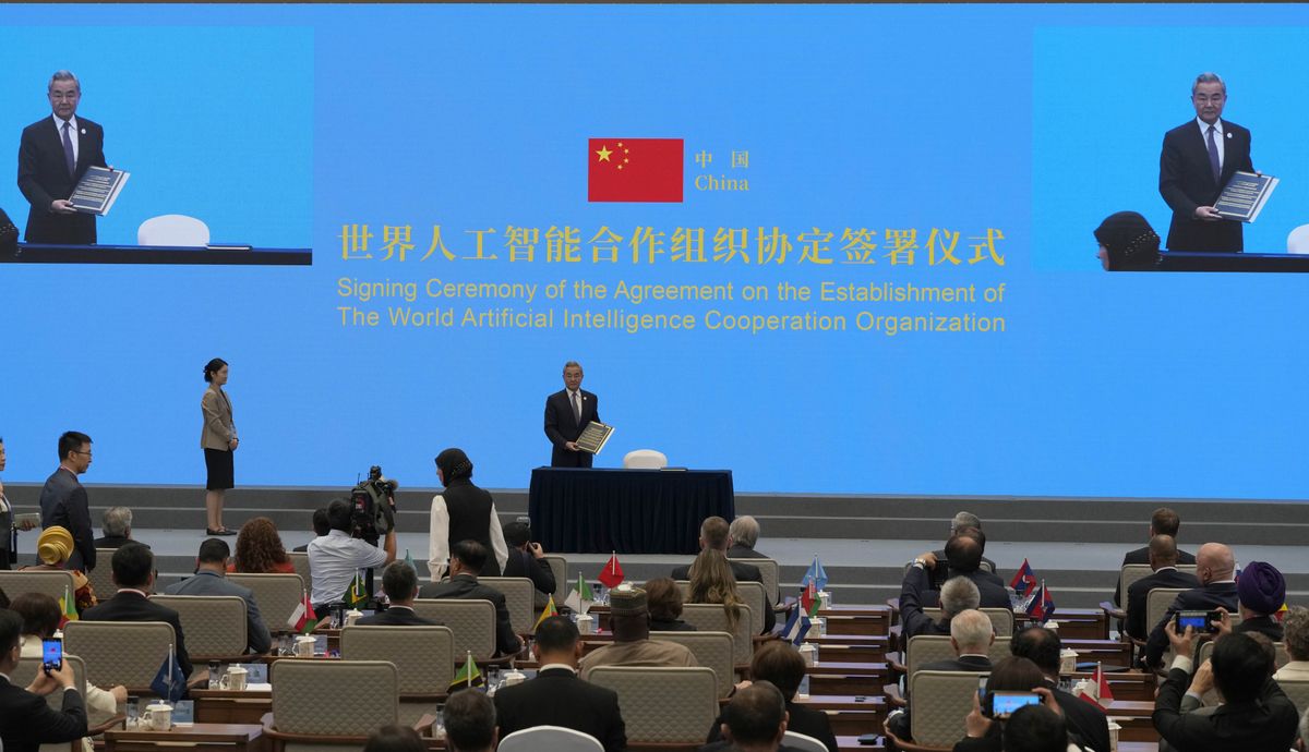 Chinese Foreign Minster Wang Yi, leads other signatories to sign the Agreement on the Establishment of The World Artificial Intelligence Cooperation Organization in Beijing, China.