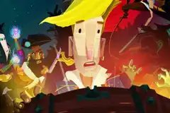 Guybrush and his cohorts look inside a treasure chest in Return to Monkey Island