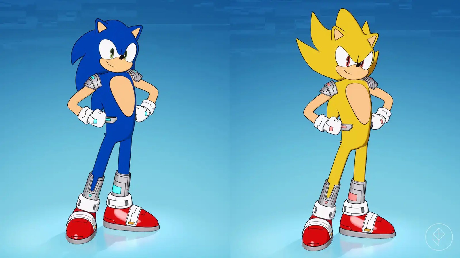 Sonic the Hedgehog and Super Sonic, as seen in Fortnite, with robot attachments around his limbs.