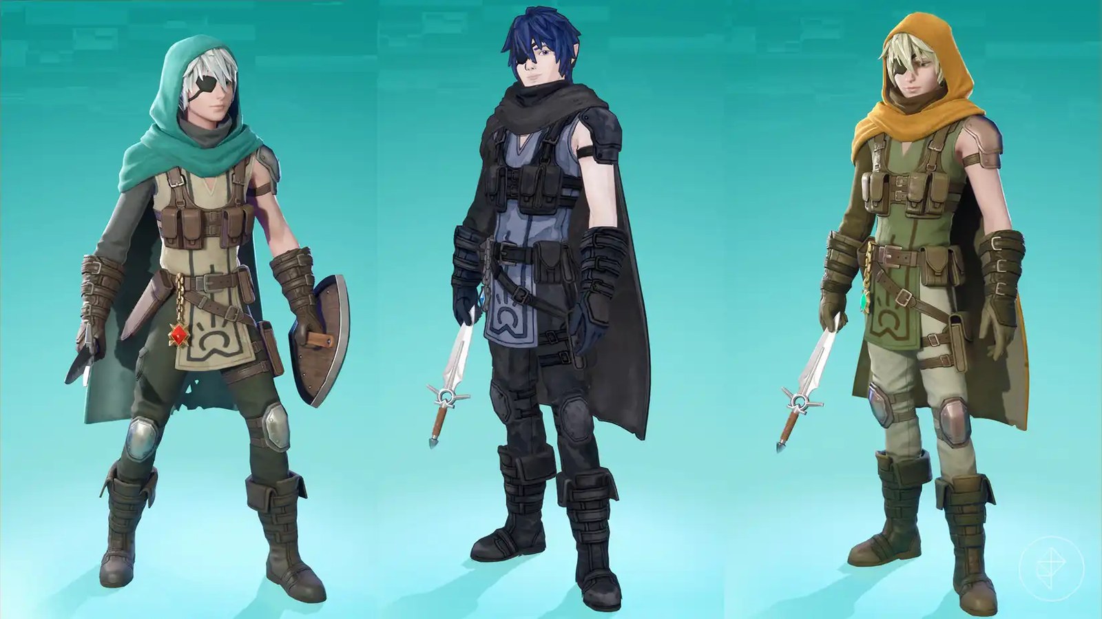 Bastian, a shaggy-haired adventurer in a hood, in various colorways in Fortnite