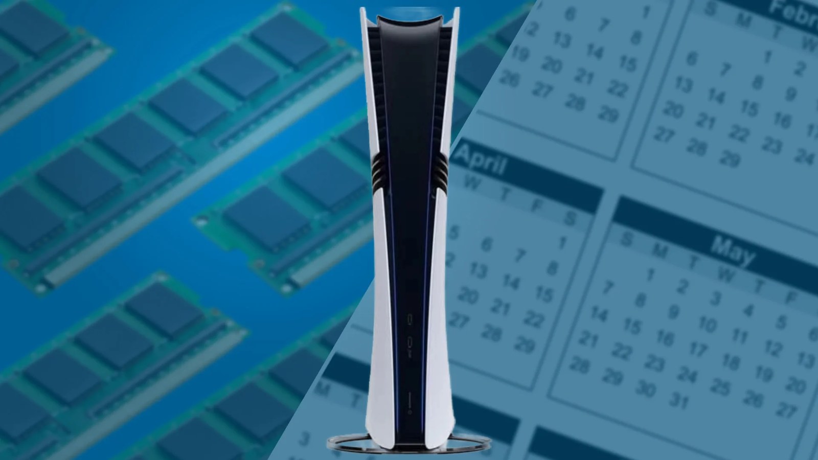 A PS5 Pro in between a calendar and stacks of RAM