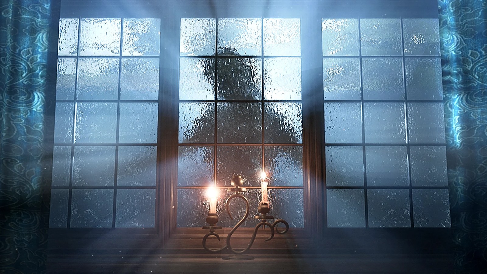 Layers of Fear screenshot showing an eerie figure silhouetted by moonlight, looking in through an ornate window.