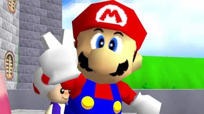 Mario gives the peace sign in Super Mario 64