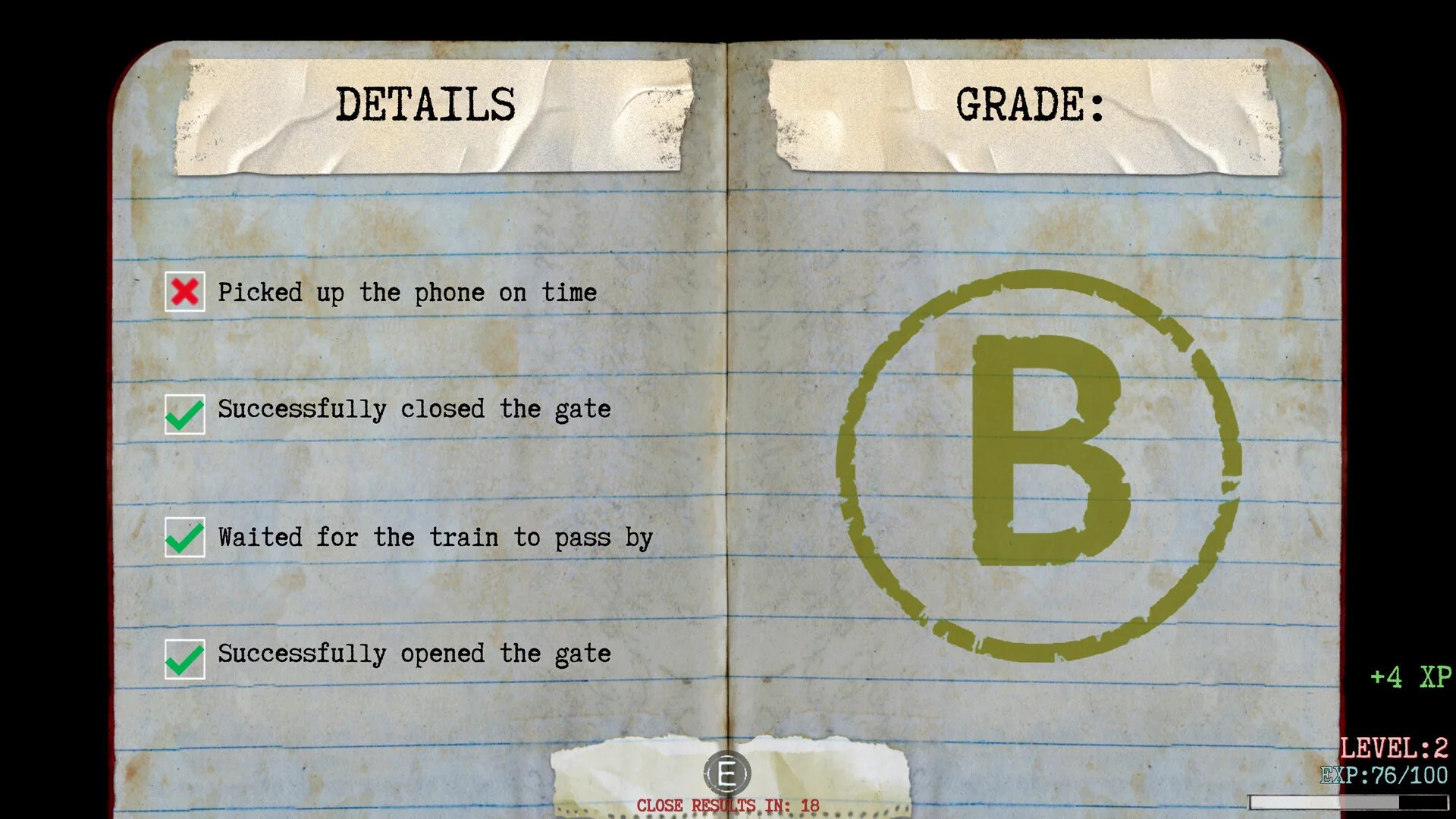 A report card for successfully opening and closing the train crossing in Trainwatch.