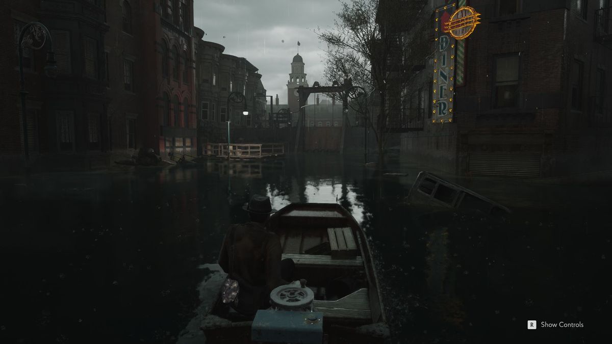 Piloting a boat through the flooded streets of Arkham
