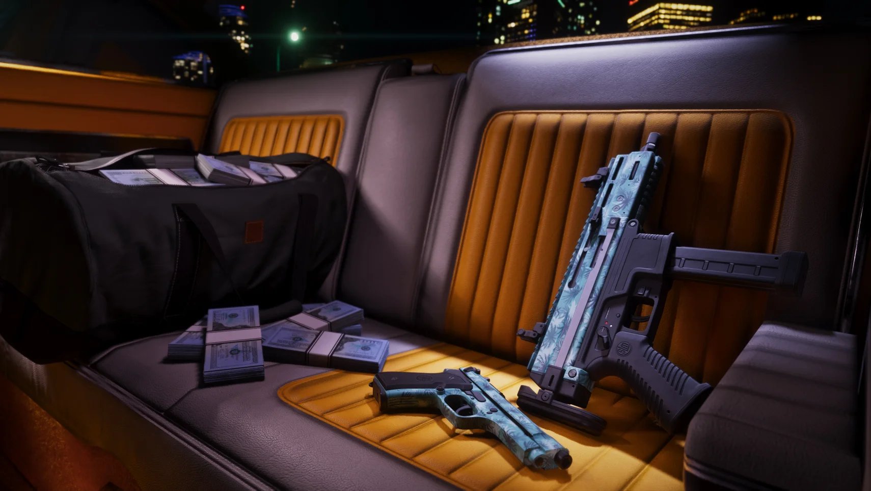 Official GTA 6 image showing some guns and cash on the back seat of a car