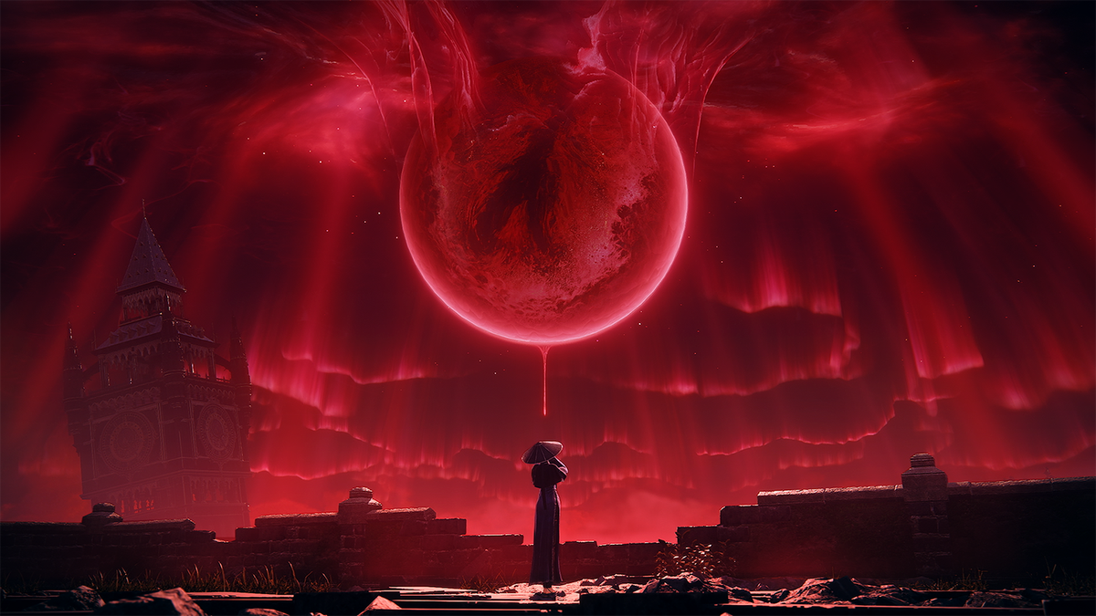 A promotional screenshot of The Duskbloods. A wide shot of a character standing under a red moon suspended in a red sky.