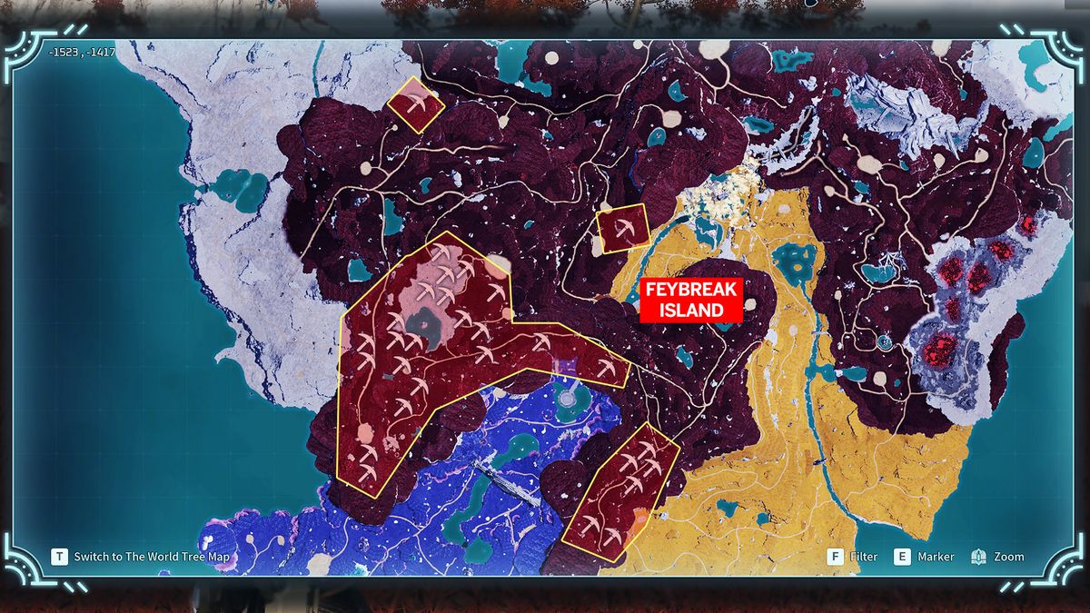 Palworld - A map of Feybreak Island highlighting places to find chromite.