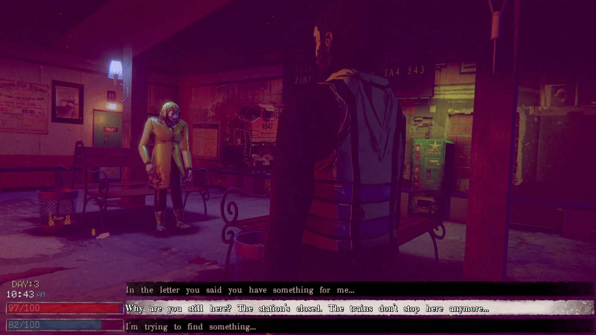 A woman in a yellow raincoat waiting inside an eerie purple-lit train station in Trainwatch.