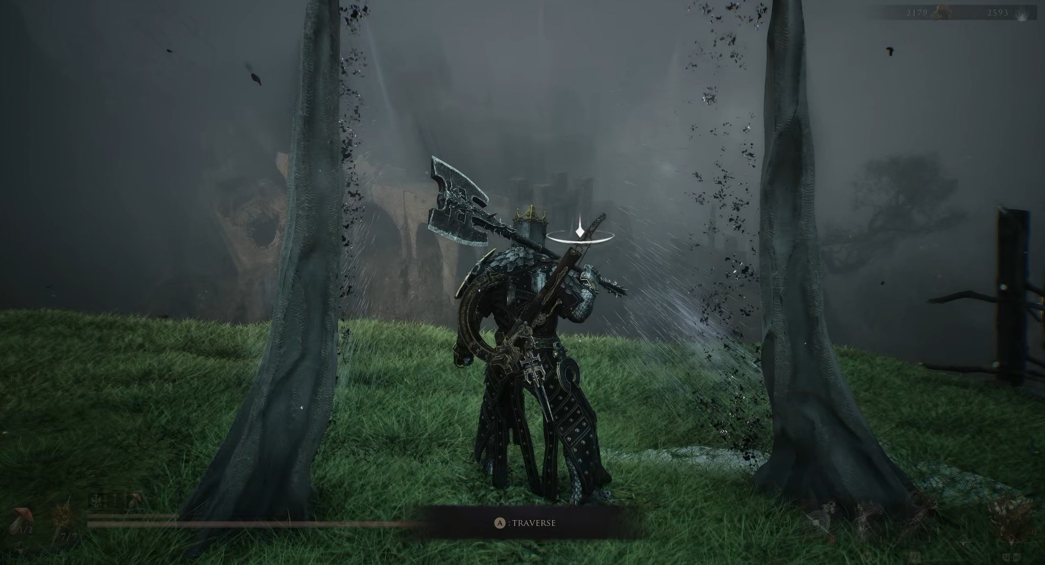 Mortal Shell 2's Eredrim seen just before using a warp gate to traverse a vast distance in the open world .