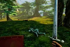 The protagonist of The Lantern of the Laughless Saint wields a sword in a forest after defeating an enemy, who is laying on the ground. The Steam RPG bills itself as an alternative to The Elder Scrolls 6.