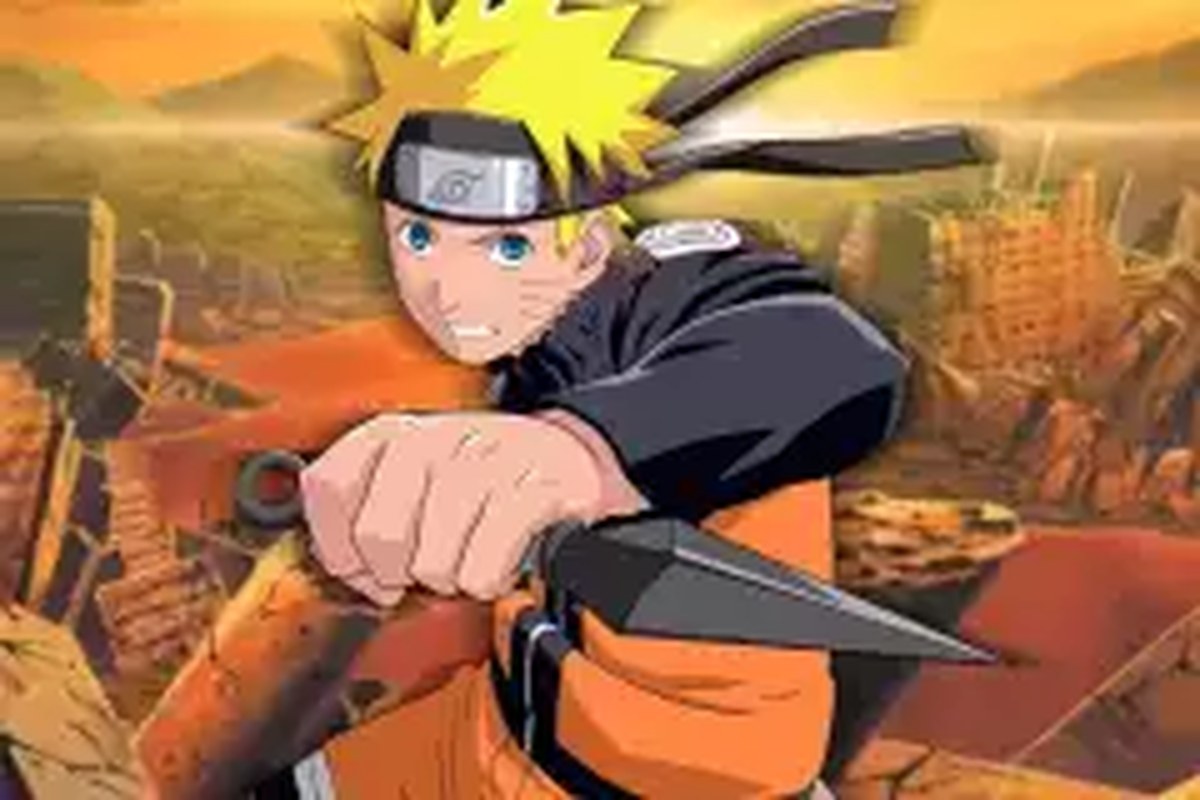 An image showing Naruto Uzumaki in a fighting pose over the ruins of Konoha