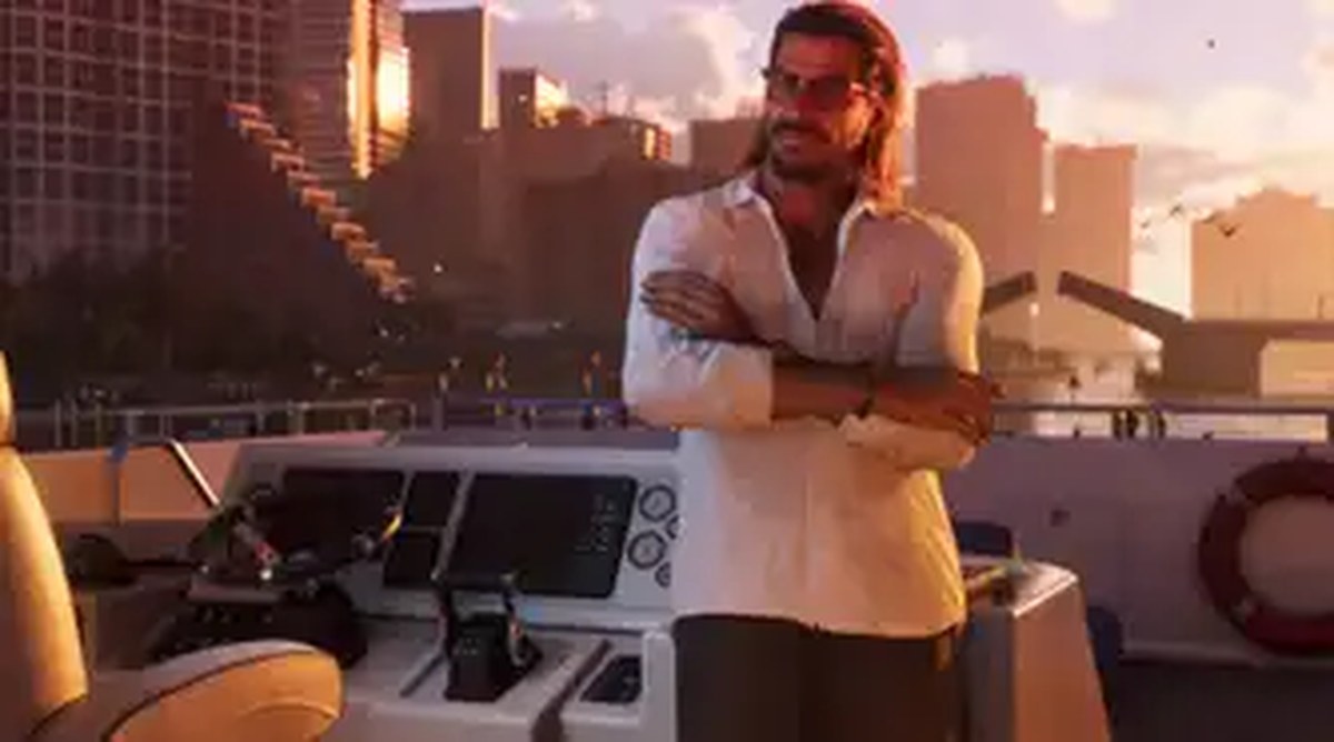 Raul Bautista in Grand Theft Auto 6 standing on a speedboat with Vice City in the background.
