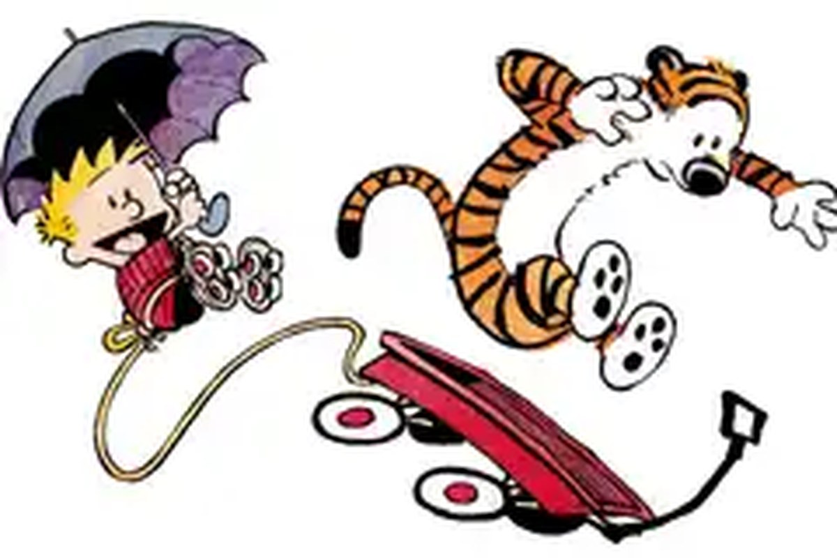 calvin holds an umbrella as hobbes flies through the air and a red wagon keeps hurtling forward