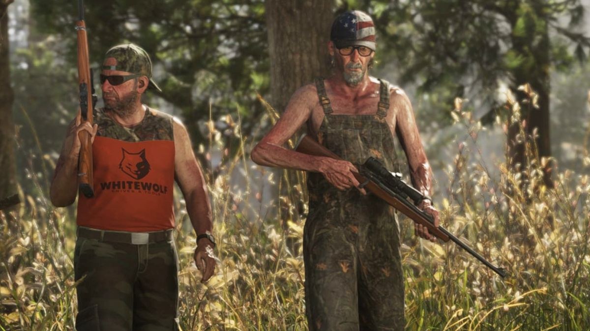 GTA 6 weapons: Two hunters walking through the woods with sniper rifles.