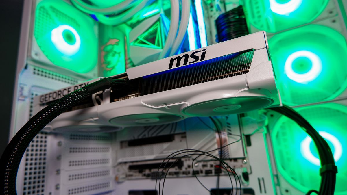 An MSI RTX 5080 in white installed in a gaming PC.