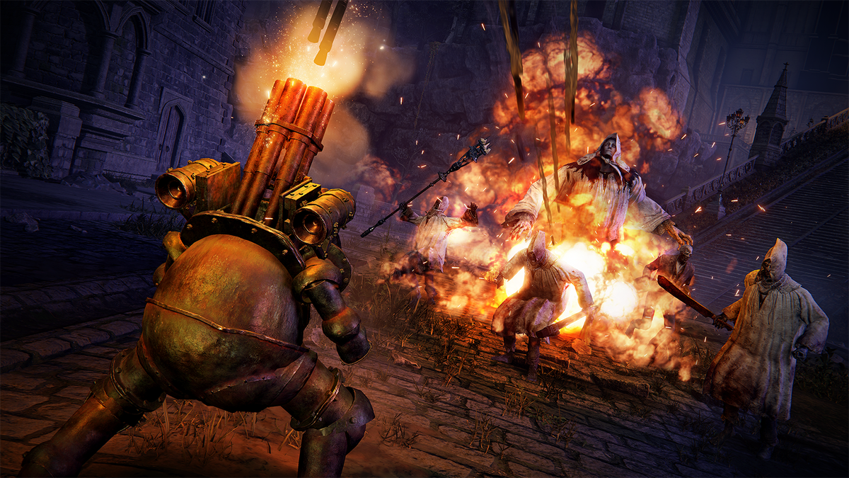 A promotional screenshot of The Duskbloods. A heavily armored character with a rocket launcher on their back rains missiles down on white-cloaked enemies.