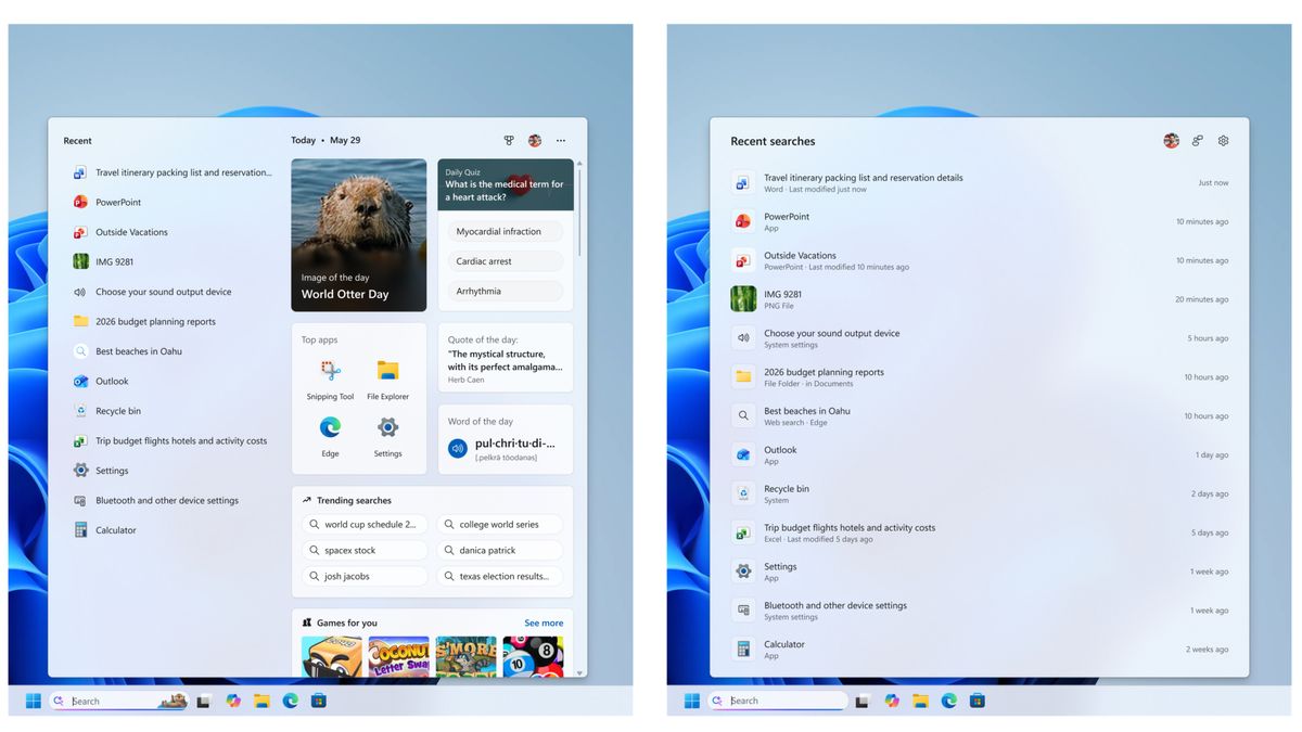 A before-and-after comparison of Windows Search.