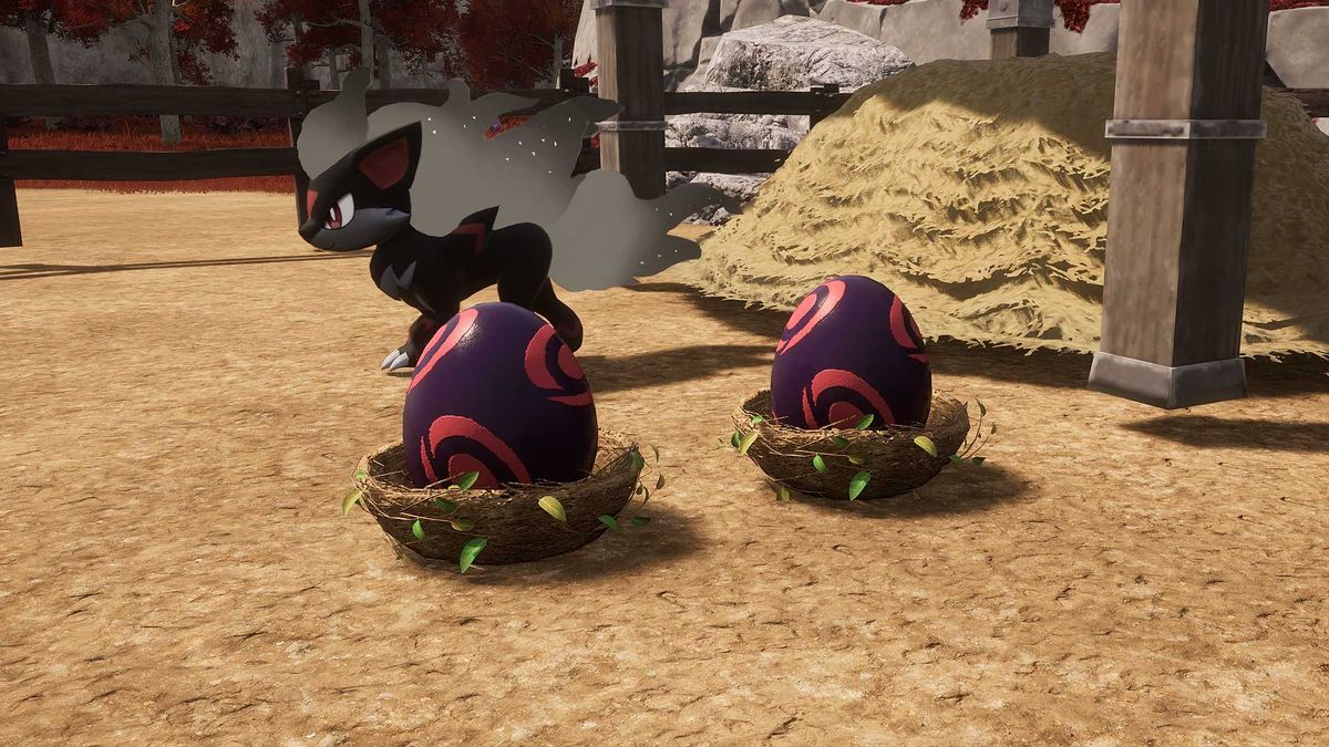 Palworld - Smokie standing in the Breeding Ranch beside two Dark Eggs