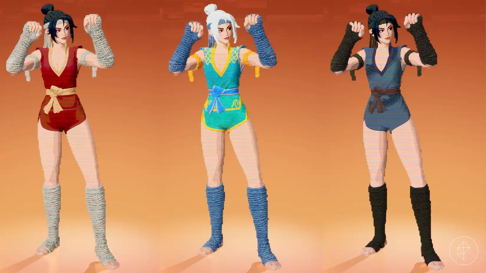 Mali in her three styles, showing her in red, teal, and grey, in Fortnite
