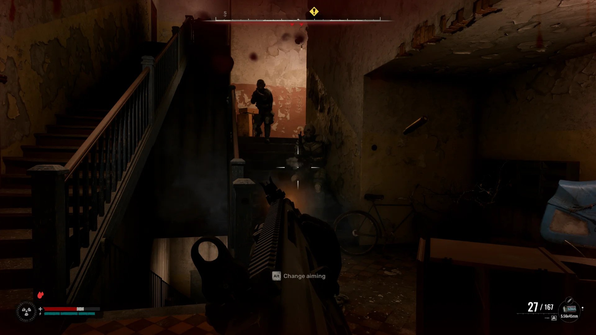 Fighting mercenaries in an apartment block hallway in STALKER 2: Cost of Hope.