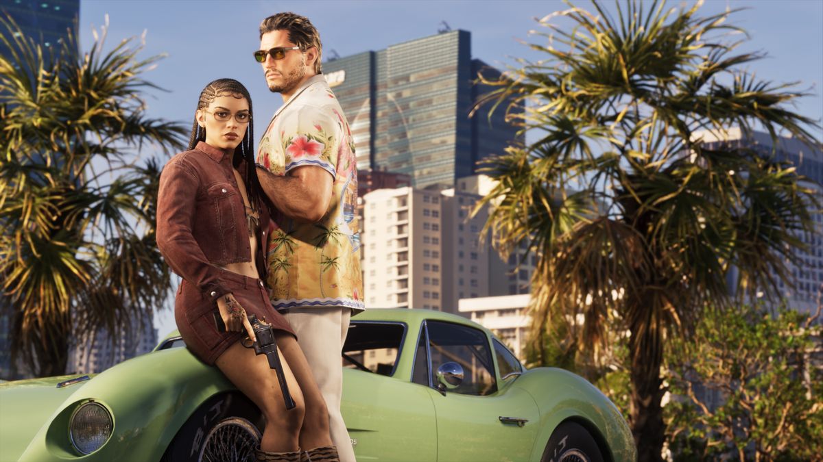 GTA 6 map: Lucia and Jason leaning against a classic car, with Vice City in the background.