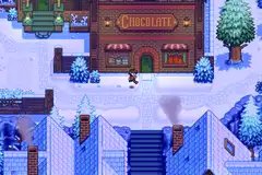 An image of character running through rendered in pixel art in a screenshot from Haunted Chocolatier.&amp;nbsp;They are standing in front of a brick storefront with a sign that says “Chocolate’ on it.