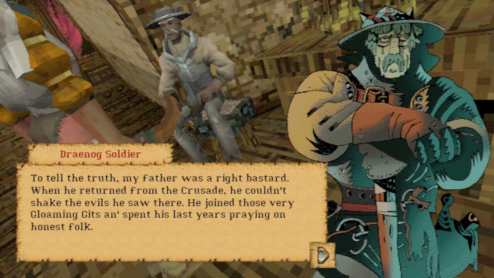 A conversation with an old soldier in the RPG Entropy. The soldier is reflecting on how much he used to hate his dad.