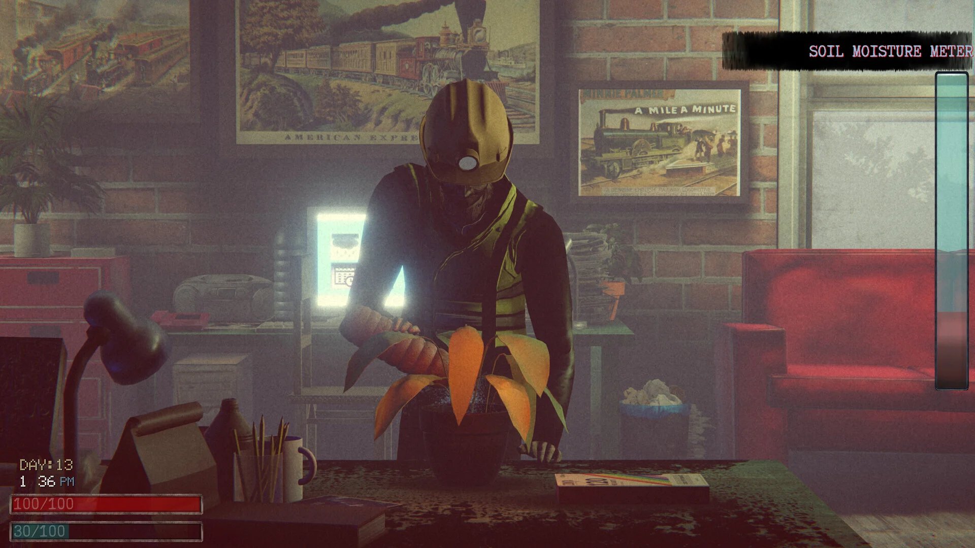 Troy, the white male protagonist of Trainwatch, tending to his house plant.