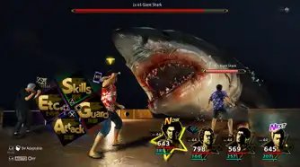 A battle scene from Like A Dragon: Infinite Wealth, with Ichiban facing a level 45 giant shark.