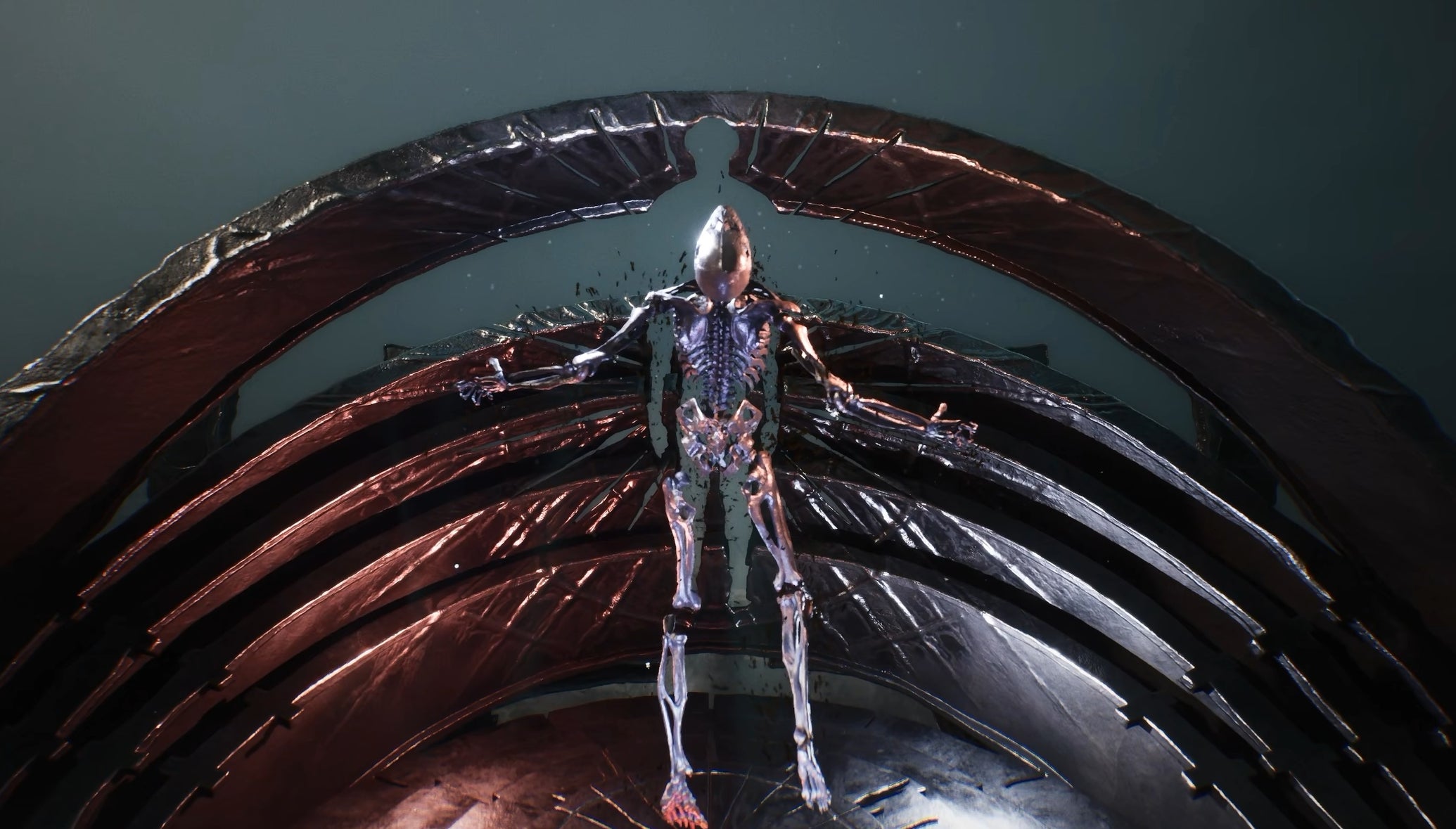 A screenshot showing Mortal Shell 2's protagonist stripped down to their skeletal form as they use the fast travel device.