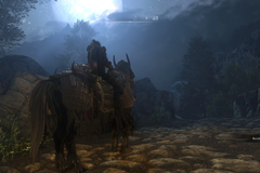 A screenshot of Community Shaders, a Skyrim mod that allows for impressive graphical upgrades without the need of huge processing power. In it, a player riding a horse stops in front of a full moon.