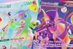A close up of the Pokemon 30th anniverary cards for Mew and Mewtwo, which are printed with a totally new rarity type called Future Rare.