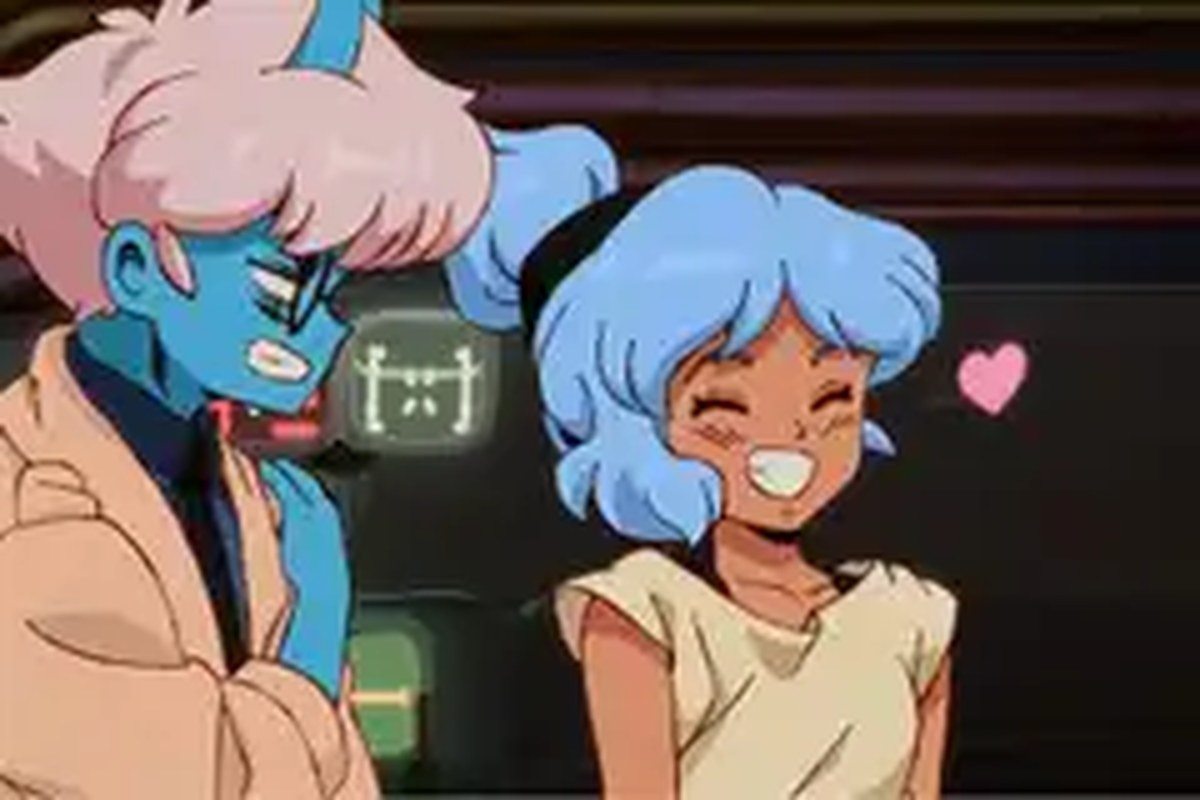 The two main characters in Orbitals, an upcoming Switch 2 exclusive releasing in summer 2026. One is a young woman with blue hair, and the other is a horned azure alien. Both are smiling.