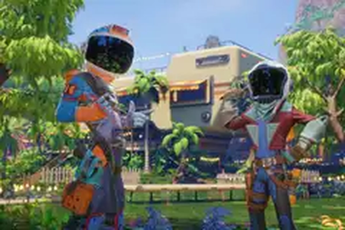 Two spacefarers on a tropical world looking at the camera in Revenge of the Savage Planet