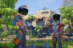 Two spacefarers on a tropical world looking at the camera in Revenge of the Savage Planet