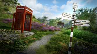 A red phone box and street sign in Atomfall.