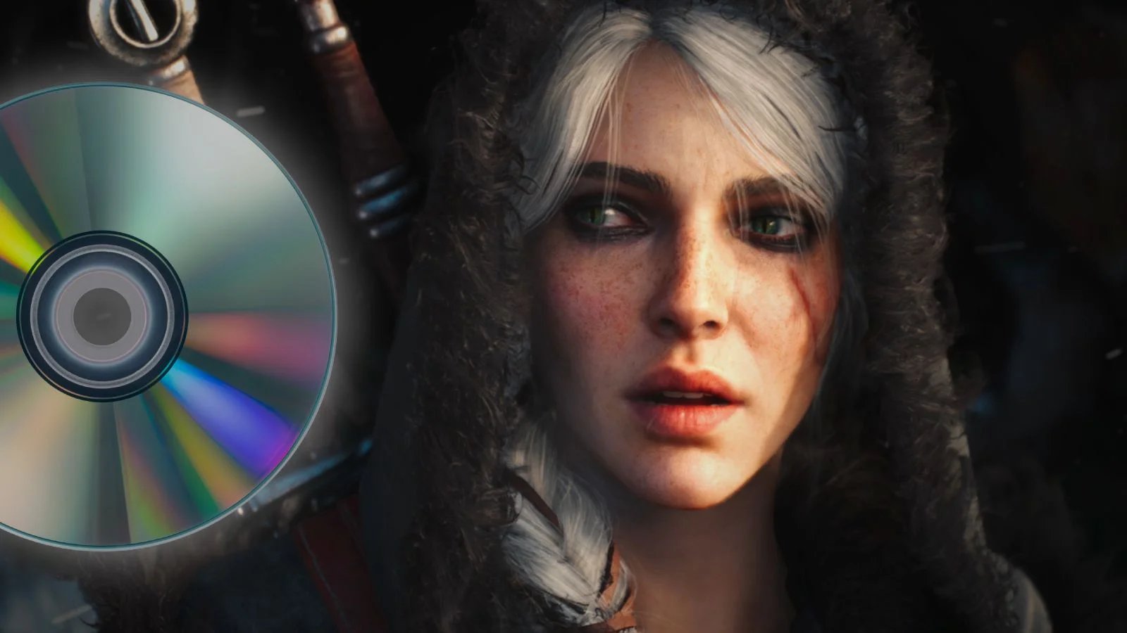 A warrior woman with a furry hood, pale freckled skin, dark eye make-up and a long scar down her cheek - and silver-white hair - looks sideways towards an overlaid image of a disc that's approaching her. It's Ciri from The Witcher 4. And a disc.