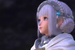 Laeticia, one of the playable characters in Star Ocean: The Divine Force, gazes into the distance against a black background