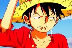 Still from One Piece of Luffy looking angry.