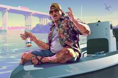 Artwork of a Florida guy in shorts with a beer sitting on a boat