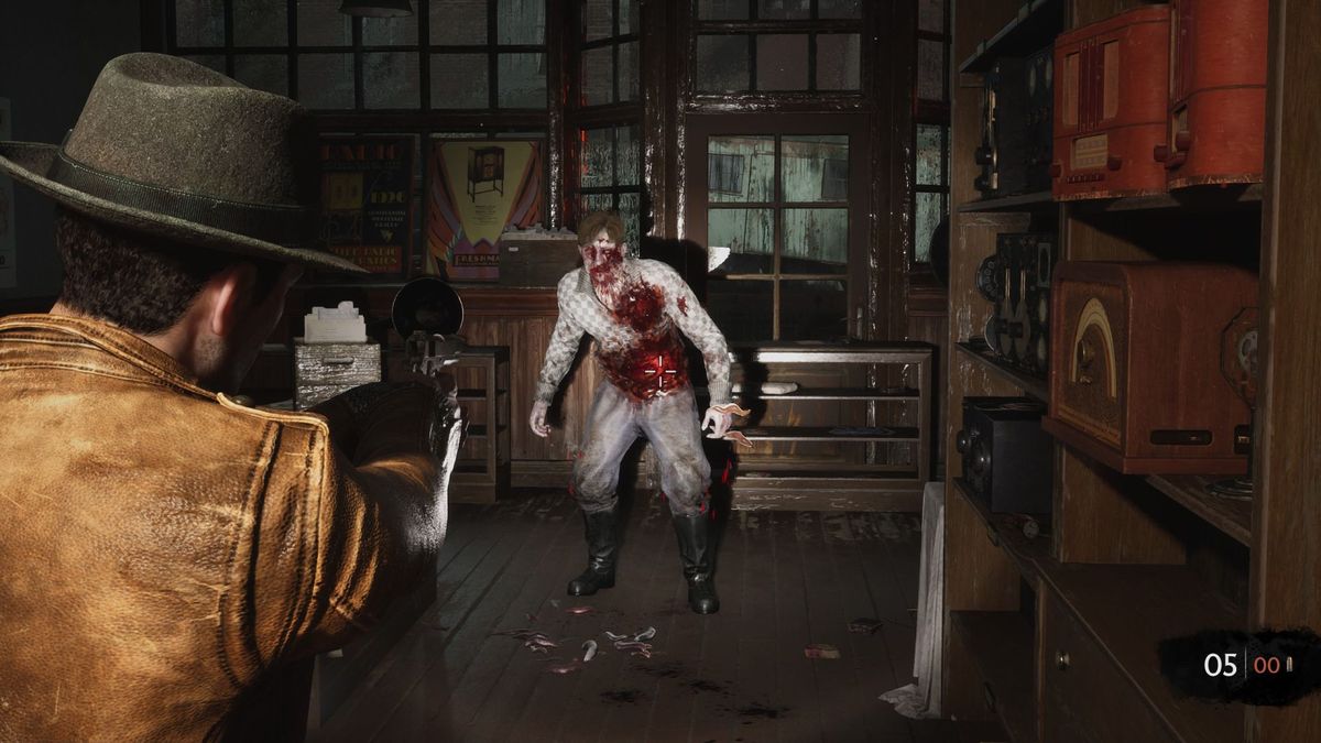 Calvin aims his pistol at a zombie's bright red weak spot