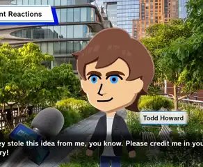 Todd Howard is interviewed on the news in Tomodachi Life: Living the Dream.
