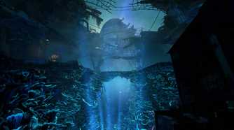 A glowing blue cavern in Atomfall.