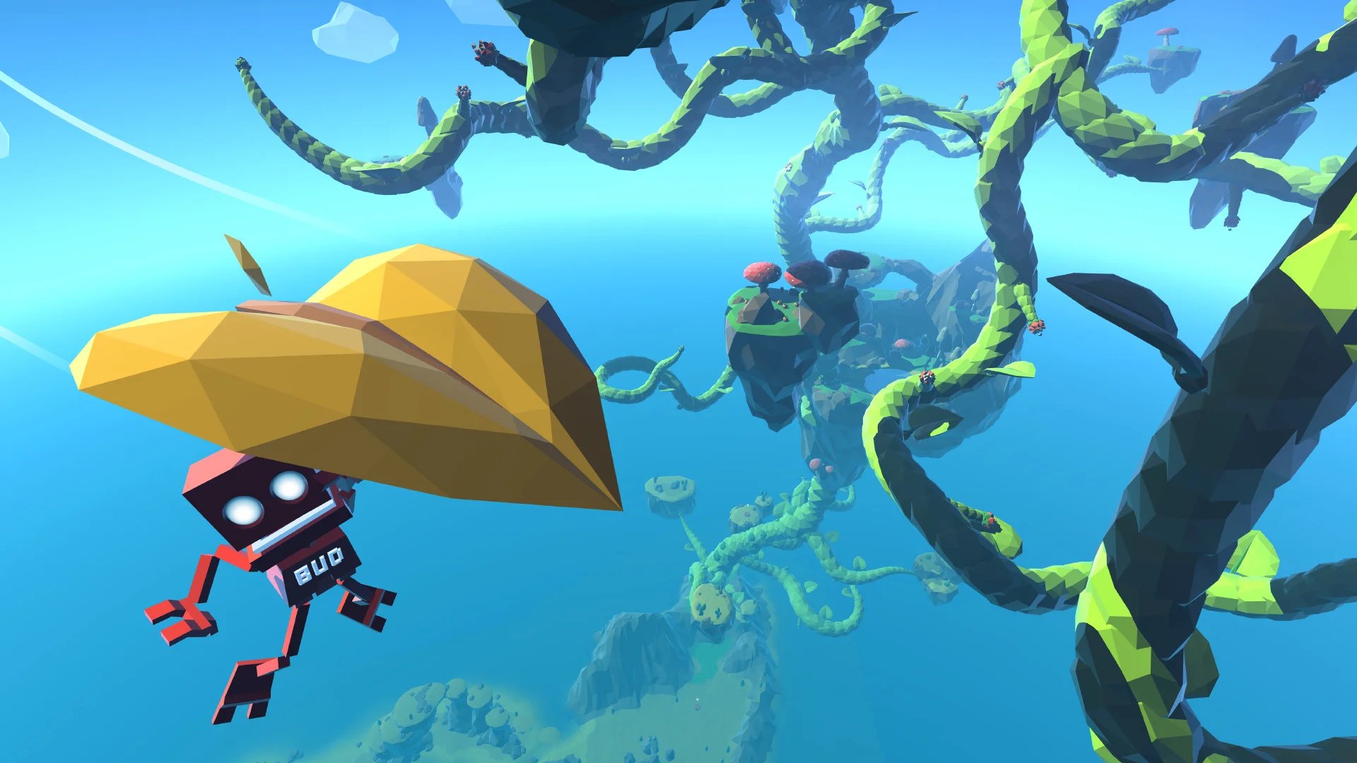 Official Grow Home screenshot showing BUD the robot gliding down from high above land next to a tangle plant, by holding onto a golden heart-shaped leaf