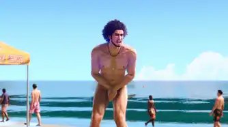 Ichiban Kasuga standing naked on a beach, covering his private parts, in Like a Dragon: Infinite Wealth