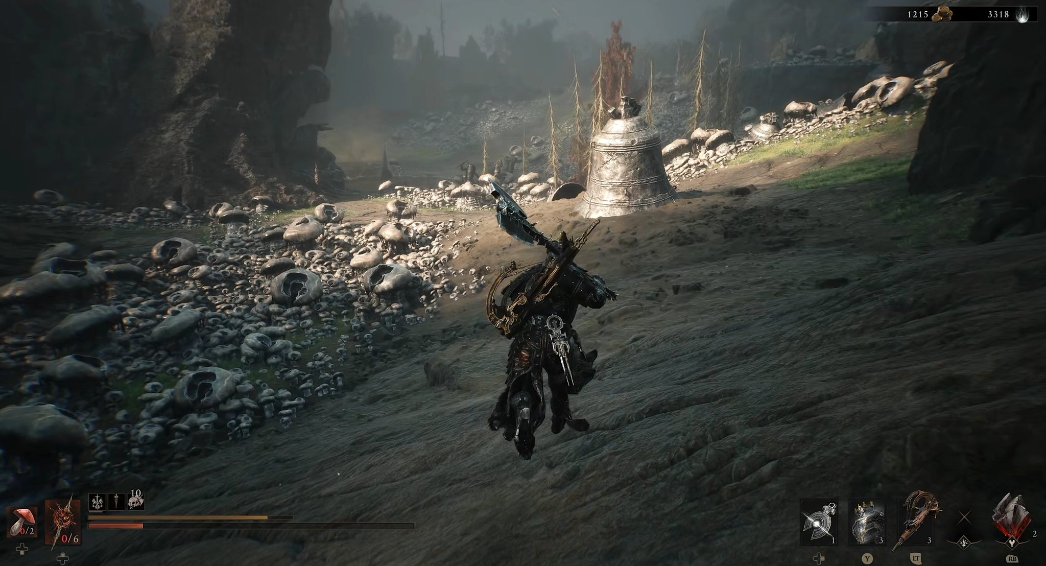 Mortal Shell 2's Eredrim runs through an area with with visible large mushrooms covering the ground, and a giant bill buried into the sand.