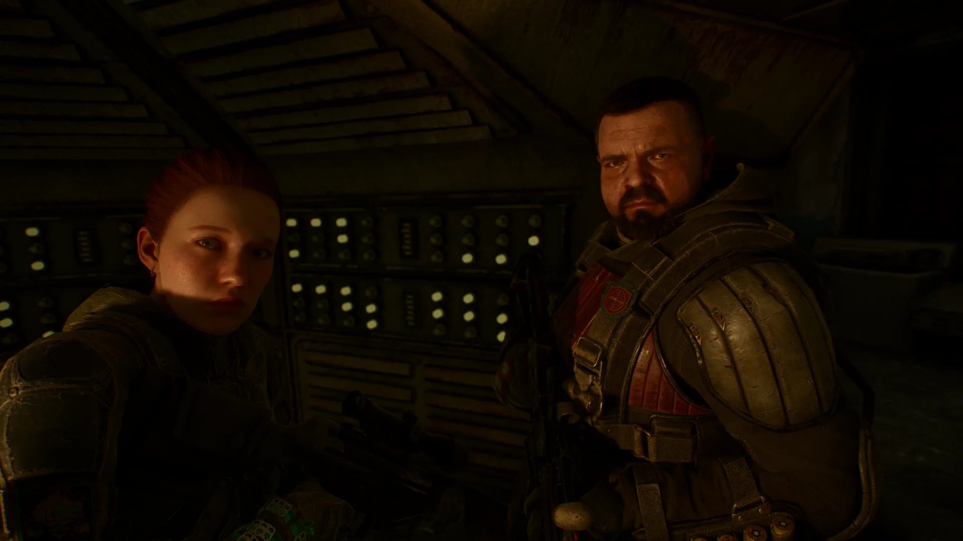 Mavka and Zulu look intently at Skif in STALKER 2: Cost of Hope.